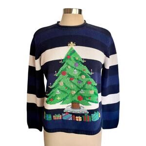 Evan-Picone‎ Blue White Stripe Christmas Tree Sweater MEDIUM Holiday Christmas